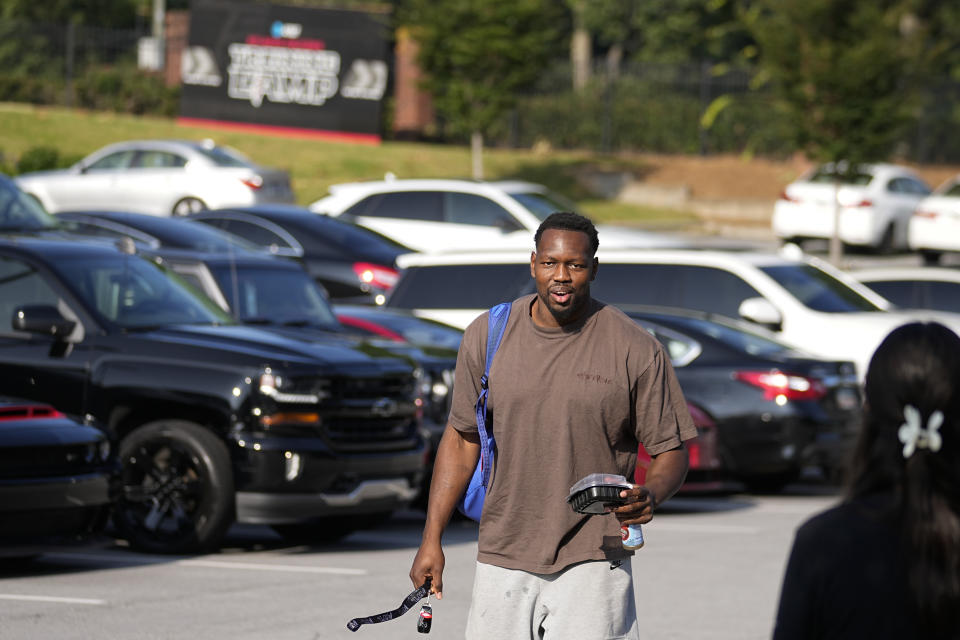 Atlanta Falcons linebacker Arnold Ebiketie reports for the team's NFL football training camp Tuesday, July 25, 2023, in Flowery Branch, Ga. (AP Photo/John Bazemore)