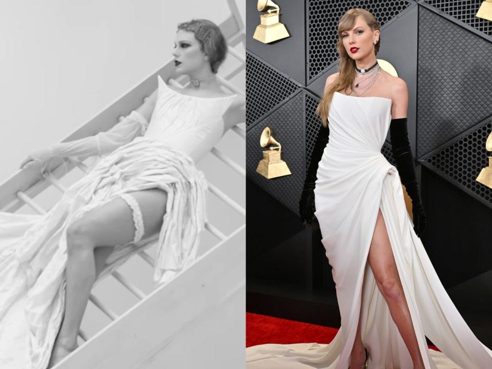 Taylor Swift in the music video for "Fortnight" and at the 2024 Grammy Awards.