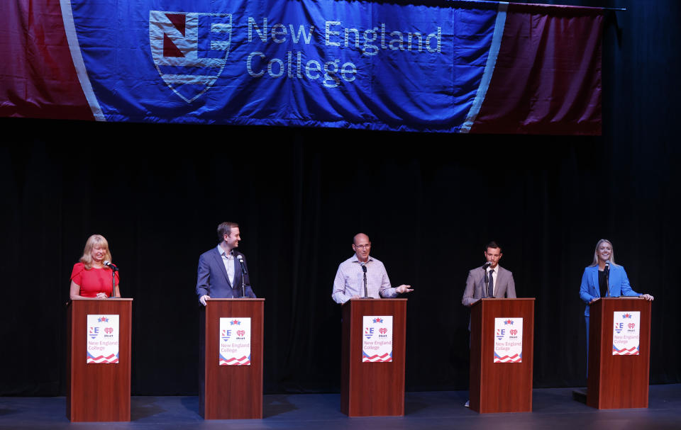 FILE - New Hampshire Republican 1st Congressional District Candidates from left Gail Huff-Brown, Matt Mowers, Russell Prescott, Tim Baxter, and Karoline Leavitt, participate during a debate, Sept. 8, 2022, in Henniker, N.H. New Hampshire will hold its primary on Tuesday, Sept. 13. (AP Photo/Mary Schwalm, File)