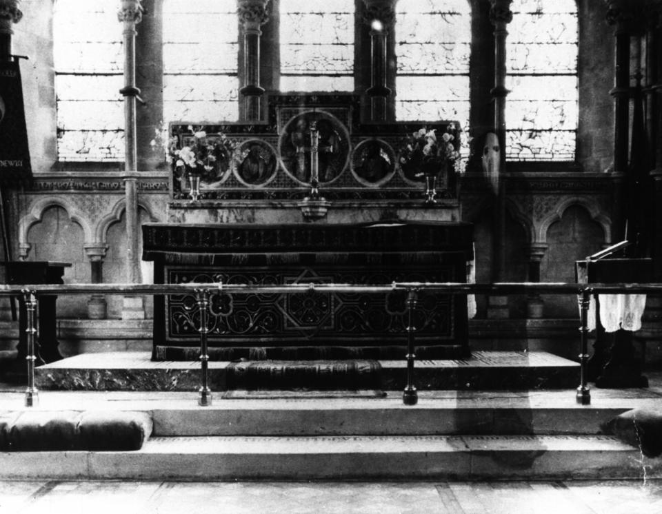 In the early 1960s, the Rev. K.F. Lord photographed the interior of his church in Newby, North Yorkshire, U.K.. When the film was developed, a translucent hooded figure appeared to be standing to the right of the altar. See next slide for a close-up of the figure.