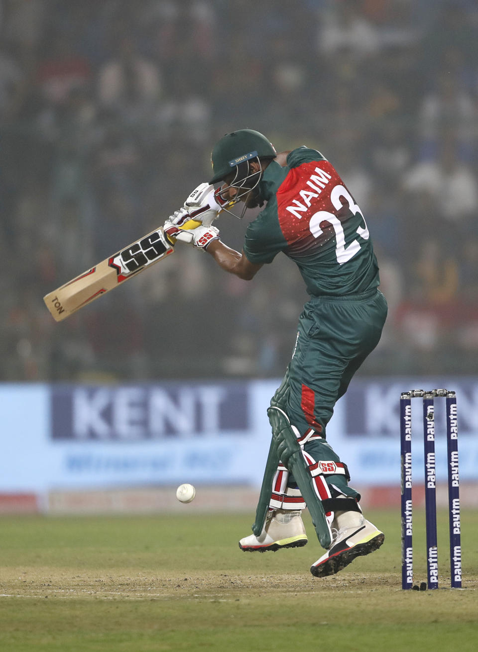 Bangladesh's Naim Sheikh plays a shot against India during the first T20 cricket match at the Arun Jaitley stadium, in New Delhi, India, Sunday, Nov. 3, 2019. (AP Photo/Manish Swarup)