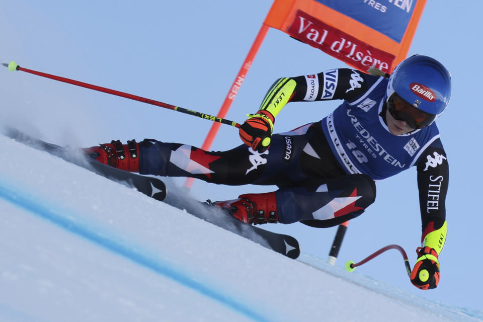 United States' Mikaela Shiffrin speeds down the course during an alpine ski, women's World Cup Super G race, in Val d'Isere, France, Sunday, Dec. 17, 2023. (AP Photo/Marco Trovati)