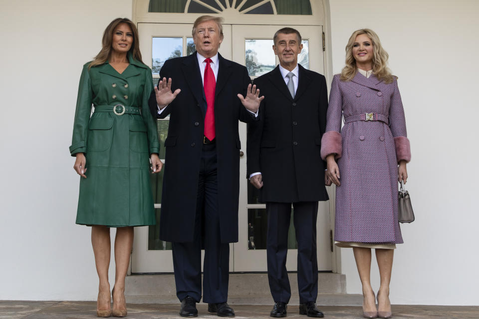 Melania Trump wore an Alexa Chung coat to welcome the President of the Czech Republic. [Photo: PA]