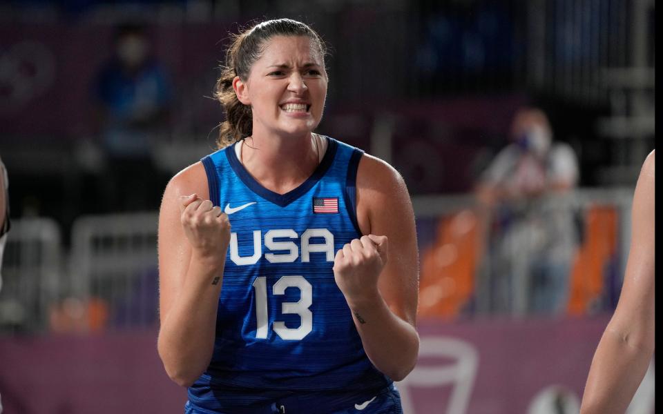 United States' Stefanie Dolson celebrates during the 2020 Summer Olympics on July 25, 2021, in Tokyo, Japan. Dolson, a Port Jervis native and Minisink Valley High School graduate, signed a deal with her hometown team, the New York Liberty, the team announced.