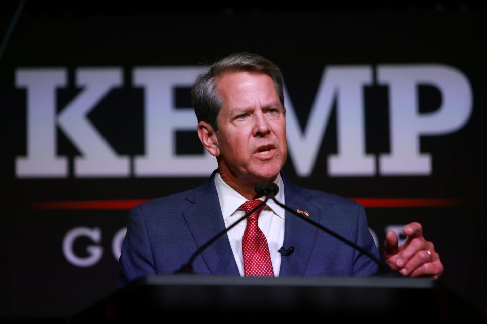 ATLANTA, Ga. - MAY 24: Republican gubernatorial candidate Gov. Brian Kemp speaks during his primary night election party at the Chick-fil-A College Football Hall of Fame on May 24, 2022 in Atlanta.