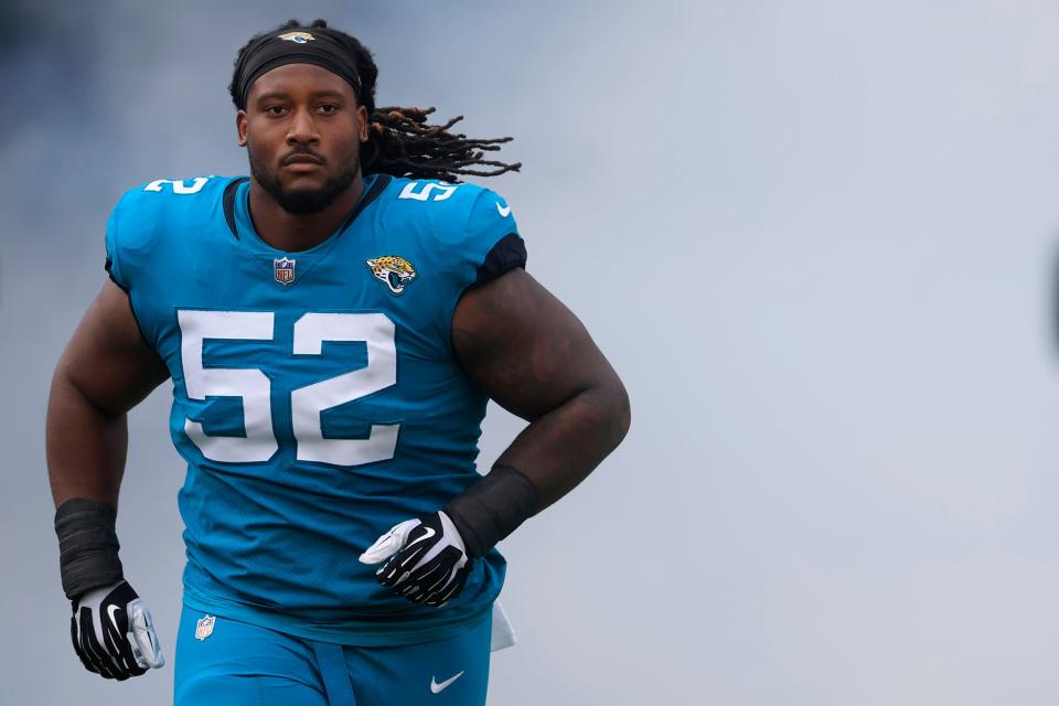 Jacksonville Jaguars defensive tackle DaVon Hamilton (52) takes to the field before a regular season NFL football matchup Sunday, Nov. 6, 2022 at TIAA Bank Field in Jacksonville. The Jacksonville Jaguars held off the Las Vegas Raiders 27-20. [Corey Perrine/Florida Times-Union]