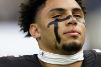 Atlanta Falcons wide receiver Drake London looks on before an NFL football game against the Los Angeles Rams, Sunday, Sept. 18, 2022, in Inglewood, Calif. (AP Photo/Ashley Landis)