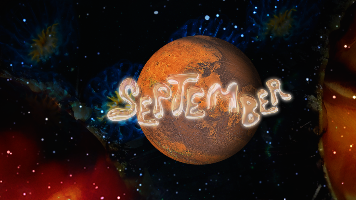 the word september in bubble letters over a planet