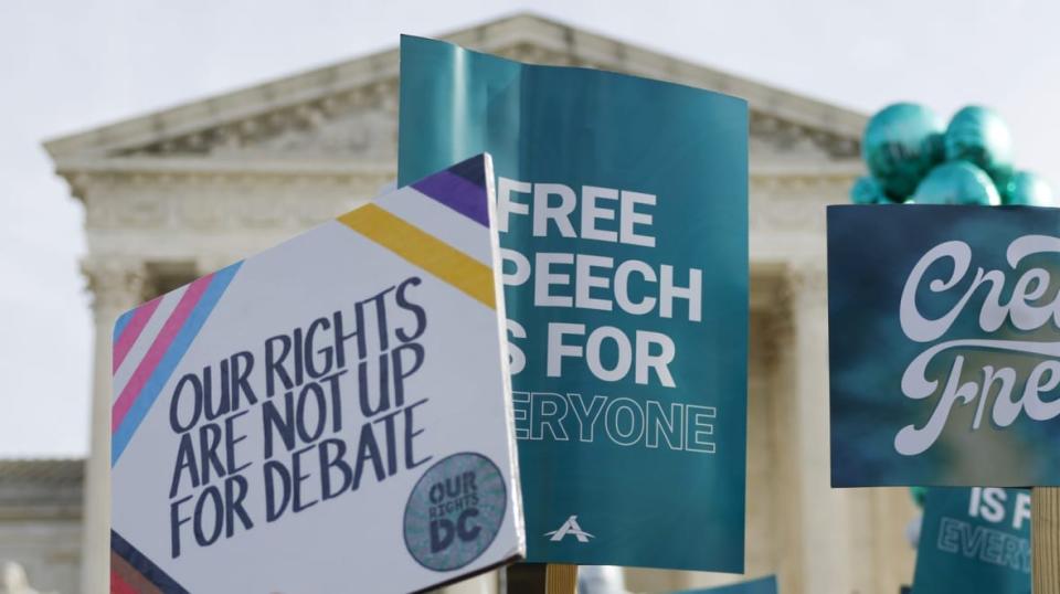 WASHINGTON, DC – DECEMBER 05: Supporters of web designer Lorie Smith and counter-protesters demonstrate in front of the U.S. Supreme Court Building on December 05, 2022 in Washington, DC. The U.S. Supreme Court heard oral arguments from cases including one involving Lorie Smith, the owner of 303 Creative, a website design company in Colorado who refuses to create websites for same-sex weddings despite a state anti-discrimination law. (Photo by Anna Moneymaker/Getty Images)