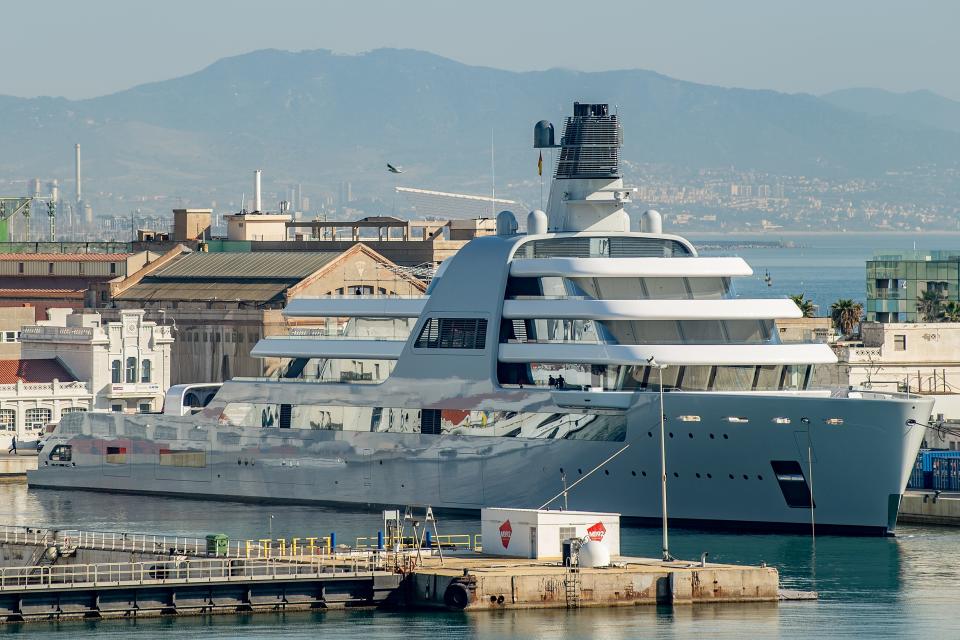 Roman Abramovich's super yacht Solaris is moored at Barcelona Port on March 1 in Spain.