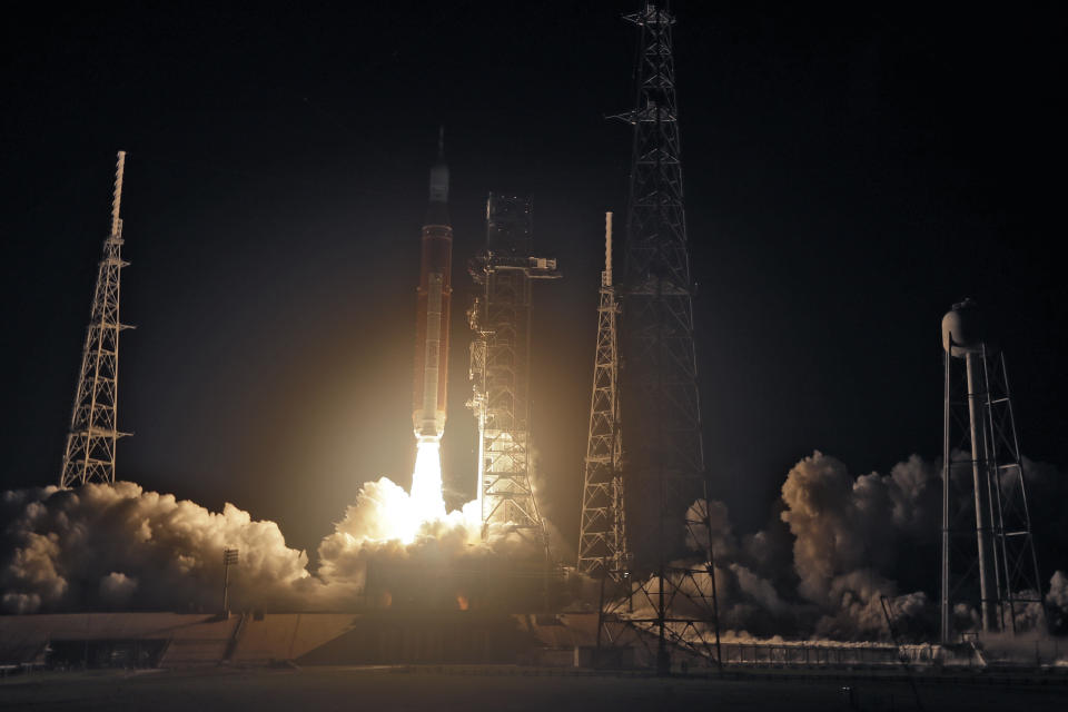 NASA's new moon rocket lifts off from Kennedy Space Center's Launch Pad 39-B Wednesday, Nov. 16, 2022, in Cape Canaveral, Fla. (AP Photo/John Raoux)