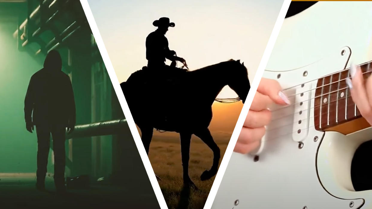  A shadowy figure walking through a tunnel, a cowboy on horseback at sunset and hands playing an electric guitar. 