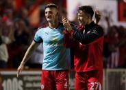 Football Soccer Britain - Accrington Stanley v Burnley - EFL Cup Second Round - Wham Stadium - 24/8/16 Accrington Stanley's Matthew Pearson and John O'Sullivan celebrate at full time Action Images via Reuters / Ed Sykes