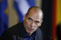 Greek Finance Minister Yanis Varoufakis addresses a news conference following talks with German Finance Minister Wolfgang Schaeuble, at the finance ministry in Berlin February 5, 2015. REUTERS/Fabrizio Bensch