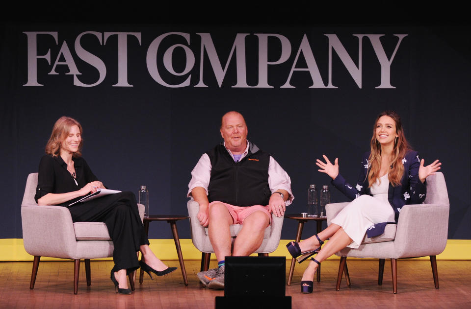 Amy Farley, Mario Batali and Jessica Alba at the Fast Company Innovation Festival on Oct. 25. (Photo: Craig Barritt via Getty Images)