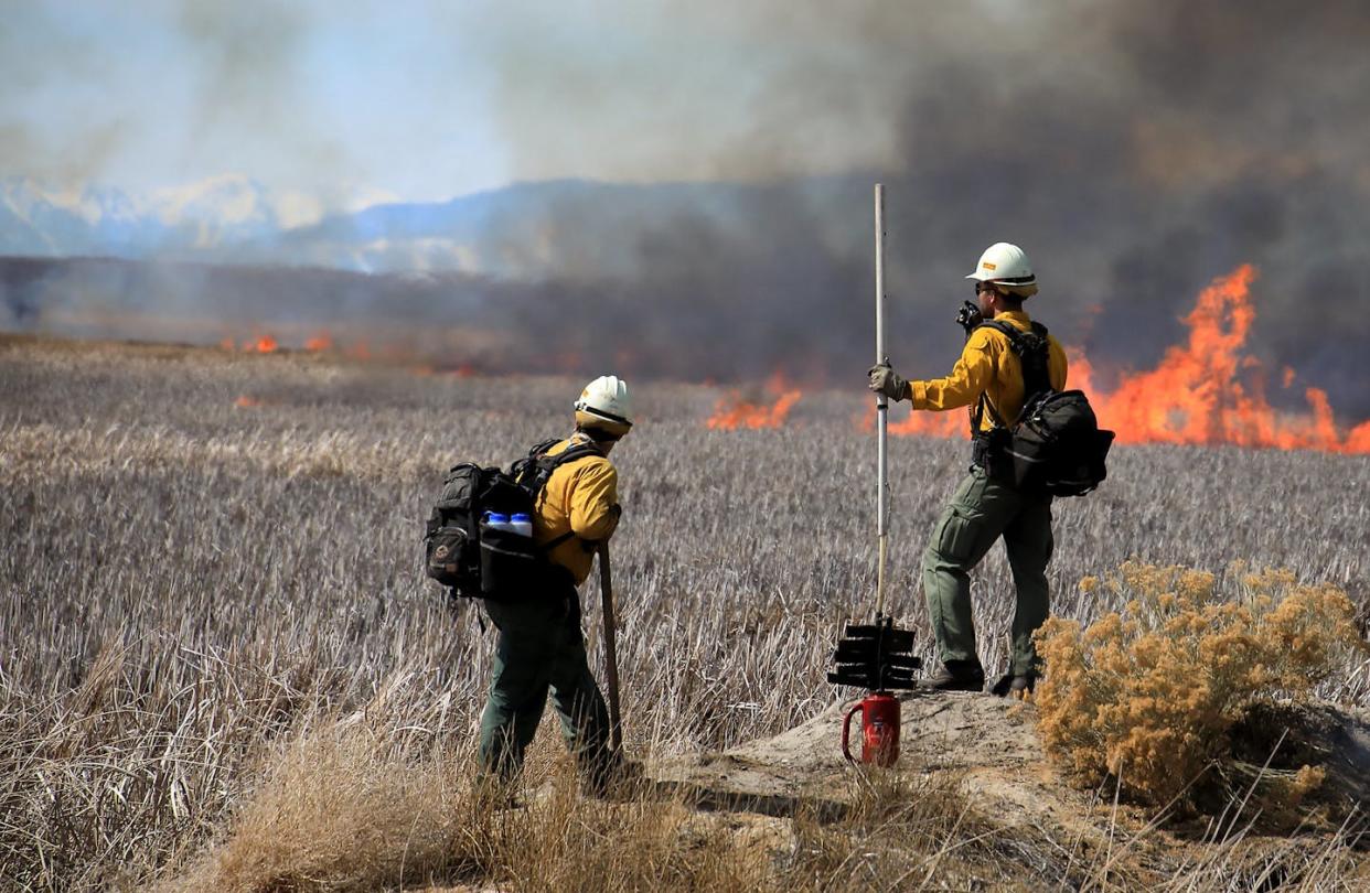 Members of the Snake River Hotshot crew monitor a prescribed fire near Roberts, Idaho. <a href="https://www.flickr.com/photos/nifc/52530463314/" rel="nofollow noopener" target="_blank" data-ylk="slk:Austin Catlin/BLM;elm:context_link;itc:0;sec:content-canvas" class="link ">Austin Catlin/BLM</a>