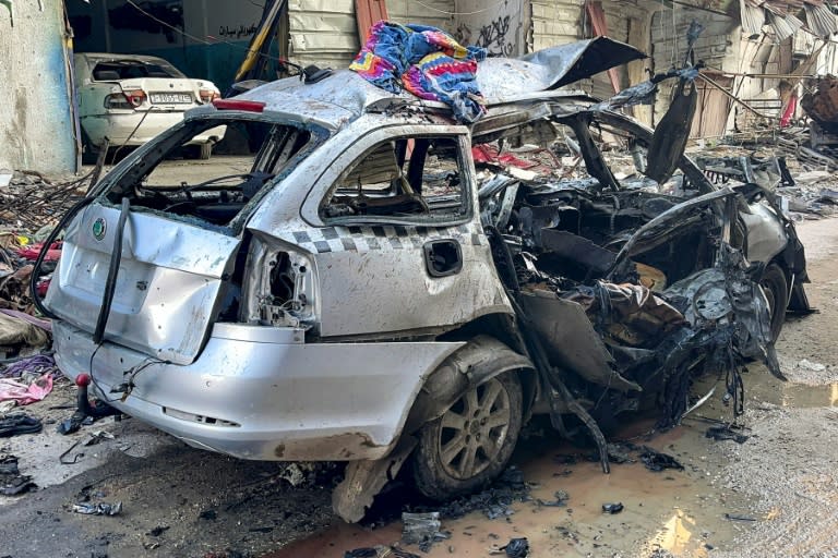 The car in which three sons of Hamas leader Ismail Haniyeh were killed in an Israeli air strike in Gaza (-)