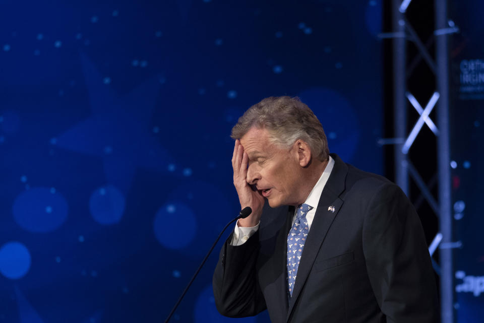 Virginia Democratic gubernatorial candidate and former Gov. Terry McAuliffe participates with his Republican challenger, Glenn Youngkin, in a debate at Northern Virginia Community College, in Alexandria, Va., Tuesday, Sept. 28, 2021. (AP Photo/Cliff Owen)