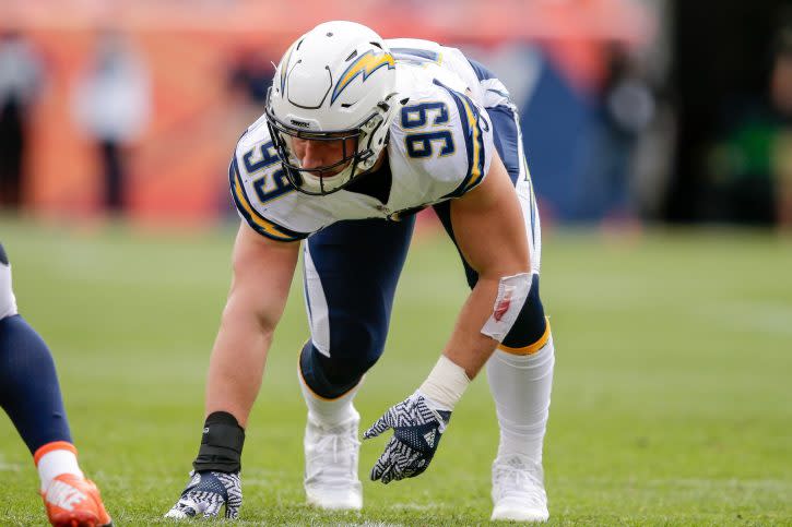 Oct 30, 2016; Denver, CO, USA; San Diego Chargers defensive end Joey Bosa (99) in the first quarter against the Denver Broncos at Sports Authority Field at Mile High. Mandatory Credit: Isaiah J. Downing-USA TODAY Sports