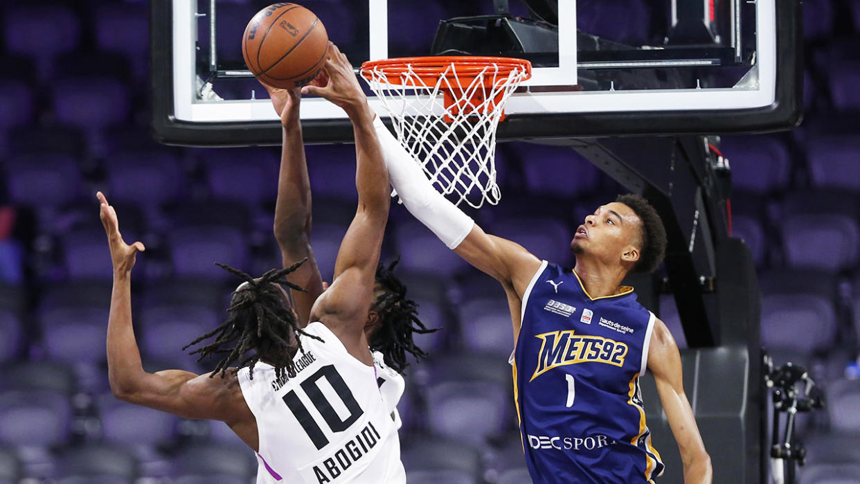 Victor Wembanyama blocks a shot against the G-League Ignite.