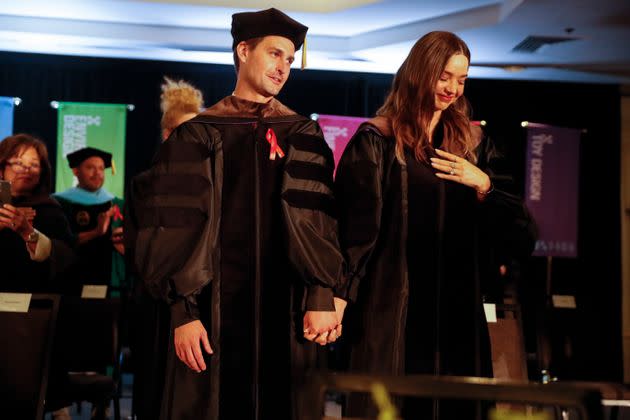 Snapchat co-founder Evan Spiegel and wife Miranda Kerr receive honorary degrees at the 2022 Otis College of Art and Design commencement ceremonies. (Photo: Robert Gauthier via Getty Images)