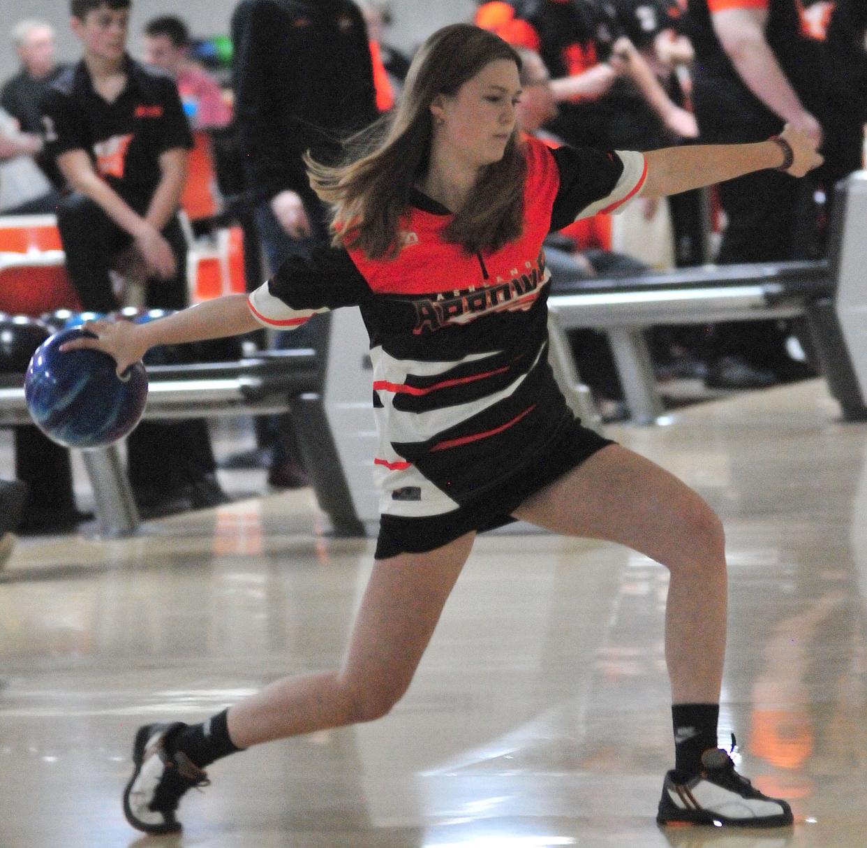 Ashland High School’s Jada Baker bowls against Mount Vernon High School at Luray Lanes Thursday, Dec. 15, 2022.