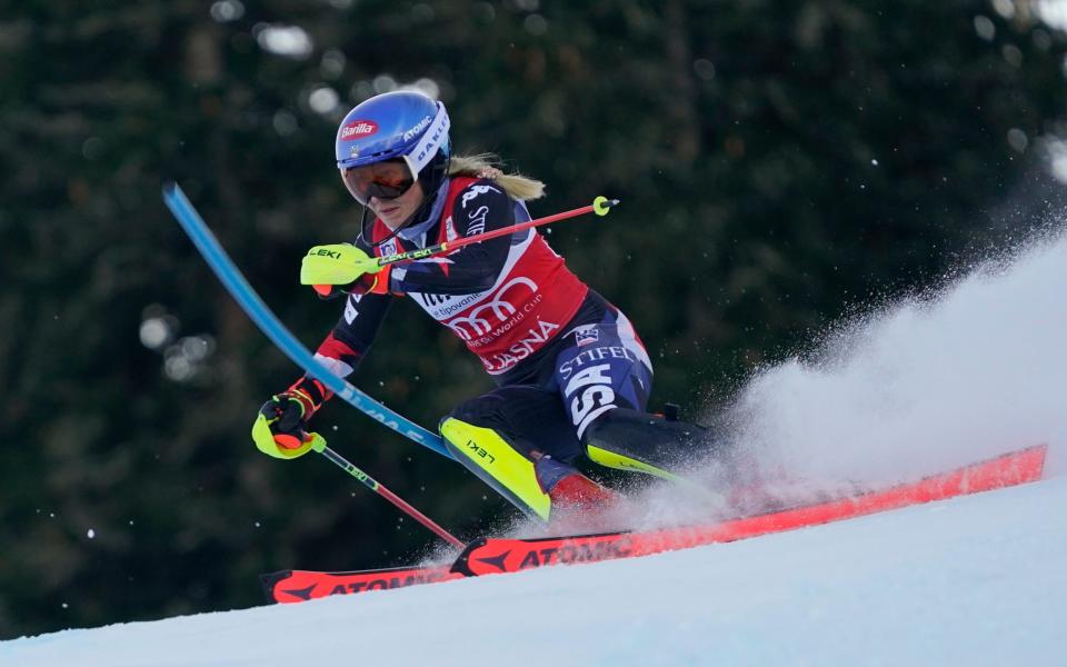 United States' Mikaela Shiffrin competes during an alpine ski, women's World Cup slalom race, in Jasna, Slovakia, Sunday, Jan. 21, 2024
