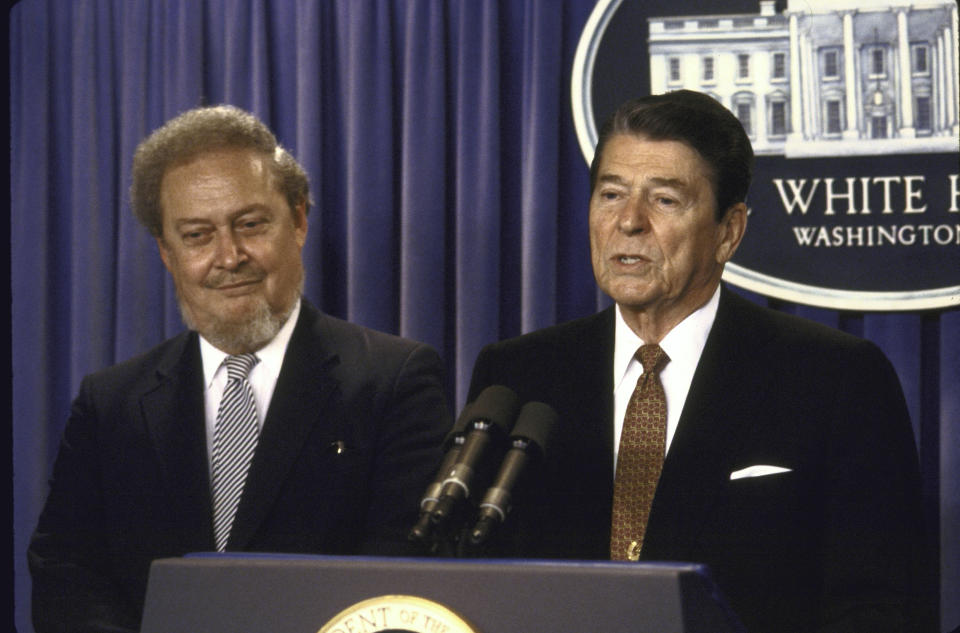 US President Ronald W. Reagan speaking at a press conference while standing with his Supreme Court Justice nominee Robert H. Bork.  (Photo by Diana Walker//The LIFE Images Collection via Getty Images)