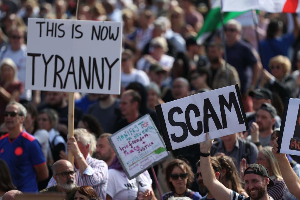 Demonstrators during an anti-vax protest in London's Trafalgar Square (PA)