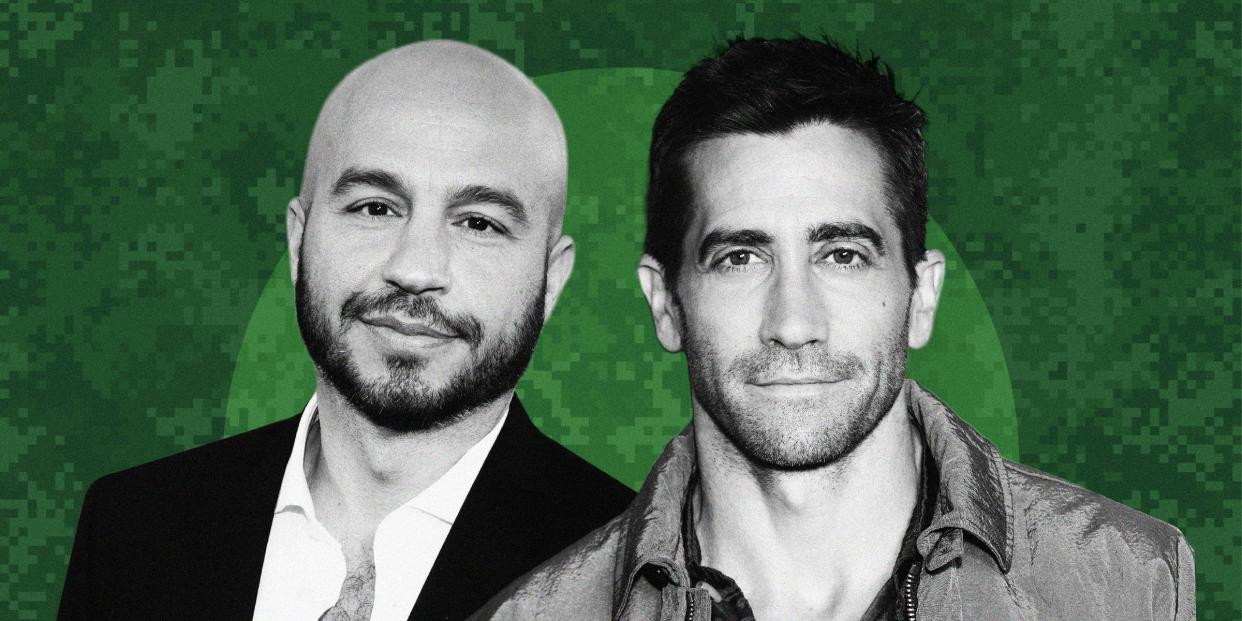 Dar Salim and Jake Gyllenhaal on a green camouflage background