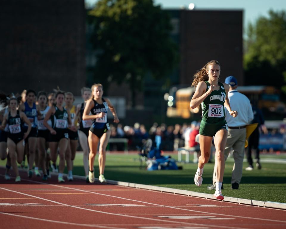 Cornwall's Karrie Baloga leads the pack in the 3000m run during the 2022 NYSPHSAA Outdoor Track and Field Championships in Syracuse on Friday, June 10, 2022.