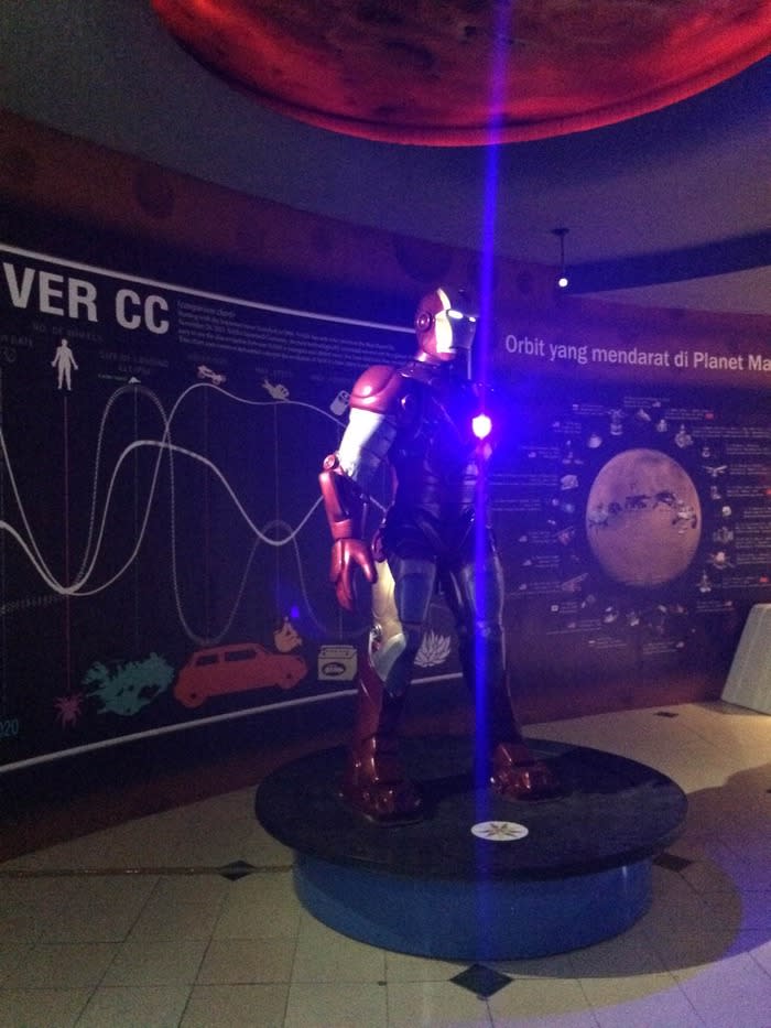 Superhero: The Iron Man impression robot can move his hand and impress visitors -- said to be among visitors' favorite photo spots.