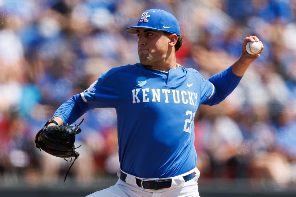 May 31, 2024;  Lexington, KY, USA;  Kentucky pitcher Dominic Niman (22) throws a pitch during the first inning of an NCAA Division I baseball championship game between the Kentucky Wildcats and Western Michigan Broncos at Kentucky Proud Park.  Mandatory Credit: Jordan Prather-USA TODAY Sports