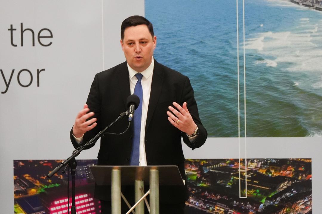 Conservative party candidate Lord Ben Houchen makes a speech after being re-elected as the Tees Valley Mayor, with a reduced majority over Labour, following the ballot count at Thornaby Pavilion, Stockton-on-Tees. Picture date: Friday May 3, 2024.