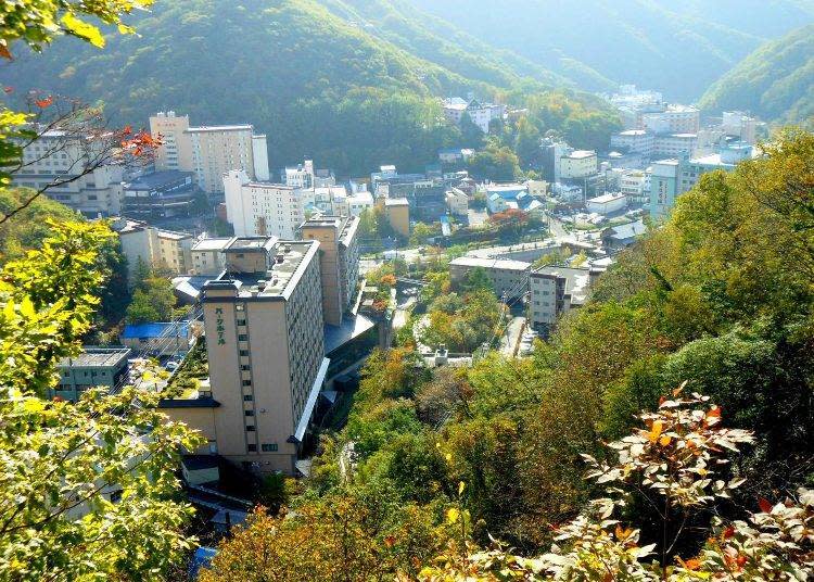 The hot spring district of Noboribetsu Onsen in the valley