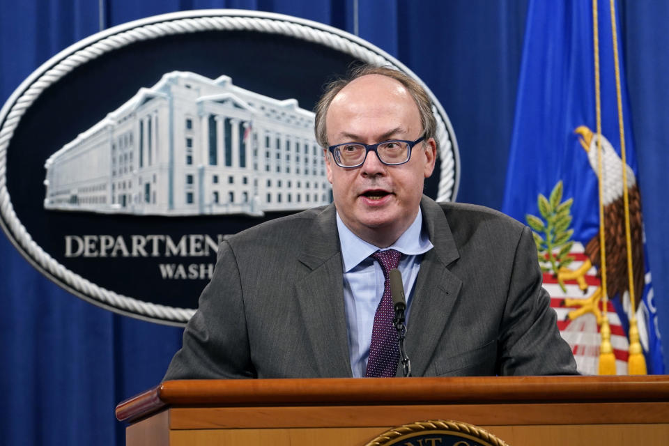 FILE - In this Sept. 14, 2020, file photo, Jeff Clark, then-Assistant Attorney General for the Environment and Natural Resources Division, speaks during a news conference at the Justice Department in Washington. The House committee investigating the Jan. 6 riot at the U.S. Capitol has subpoenaed the former Justice Department lawyer. The panel on Oct. 13, 2021, said it is seeking documents and testimony fromc Clark, who aided President Donald Trump’s efforts to challenge the results of the 2020 election. (AP Photo/Susan Walsh, Pool)