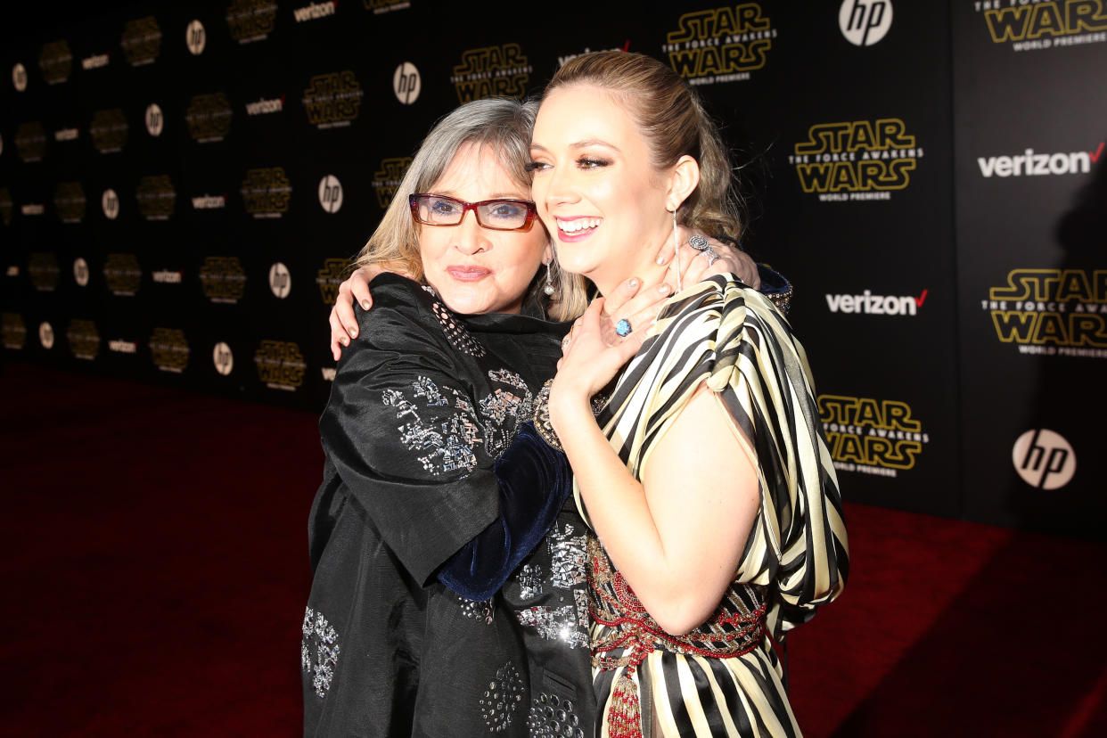 HOLLYWOOD, CA - DECEMBER 14: Actors Carrie Fisher (L) and Billie Lourd attend the World Premiere of Star Wars: The Force Awakens at the Dolby, El Capitan, and TCL Theatres on December 14, 2015 in Hollywood, California.  (Photo by Jesse Grant/Getty Images for Disney)