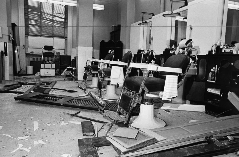 Debris from a nearby bomb blast litter the Senate barber shop following the explosion of a bomb in the Capitol, on March 1, 1971. The bomb, which exploded in a rest room, caused extensive damage.