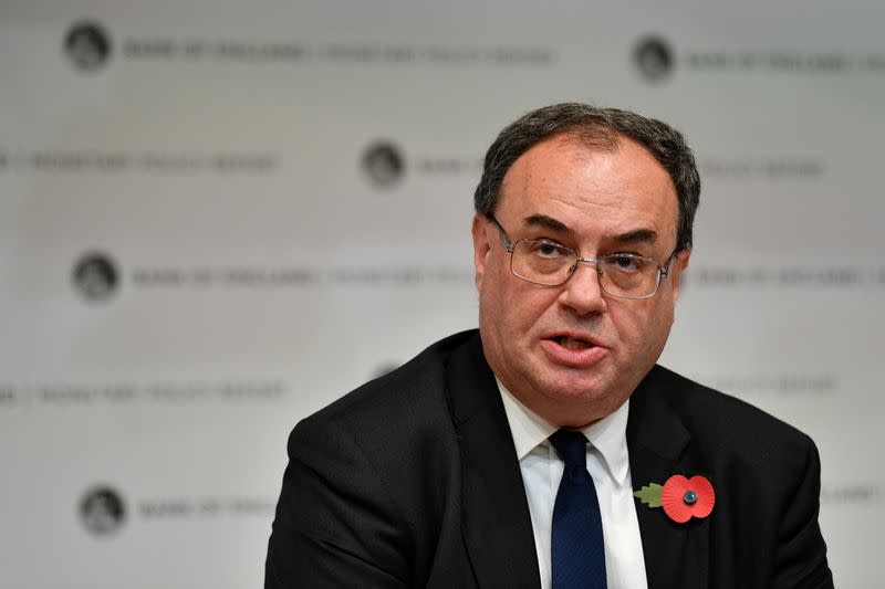 FILE PHOTO: Governor of the Bank of England Andrew Bailey addresses the Monetary Policy Report Press Conference, in London