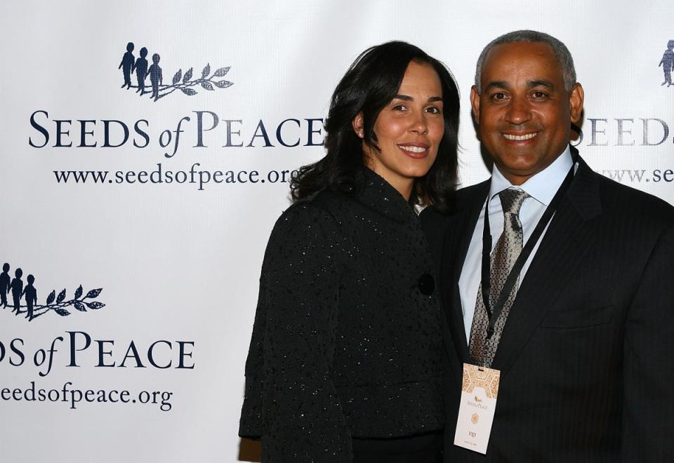 Rachel Minaya (left) and her husback Omar Minaya (right) pictured in New York City in 2008.  Rachel was found dead in their home at the weekend (Getty Images)