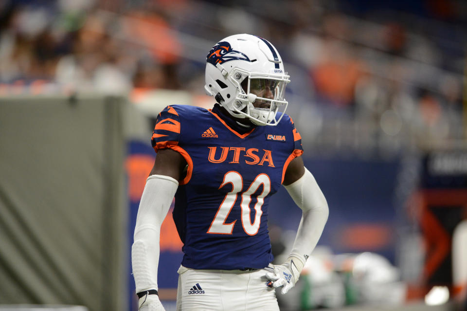 SAN ANTONIO, TX - SEPTEMBER 19: UT-San Antonio Roadrunners DB Tariq Woolen watches from the sideline during game between the Stephen F. Austin Lumberjacks and the UT-San Antonio Roadrunners on September 19, 2020 at the Alamodome in San Antonio, Texas. (Photo by John Rivera/Icon Sportswire via Getty Images) (Photo by John Rivera/Icon Sportswire via Getty Images)