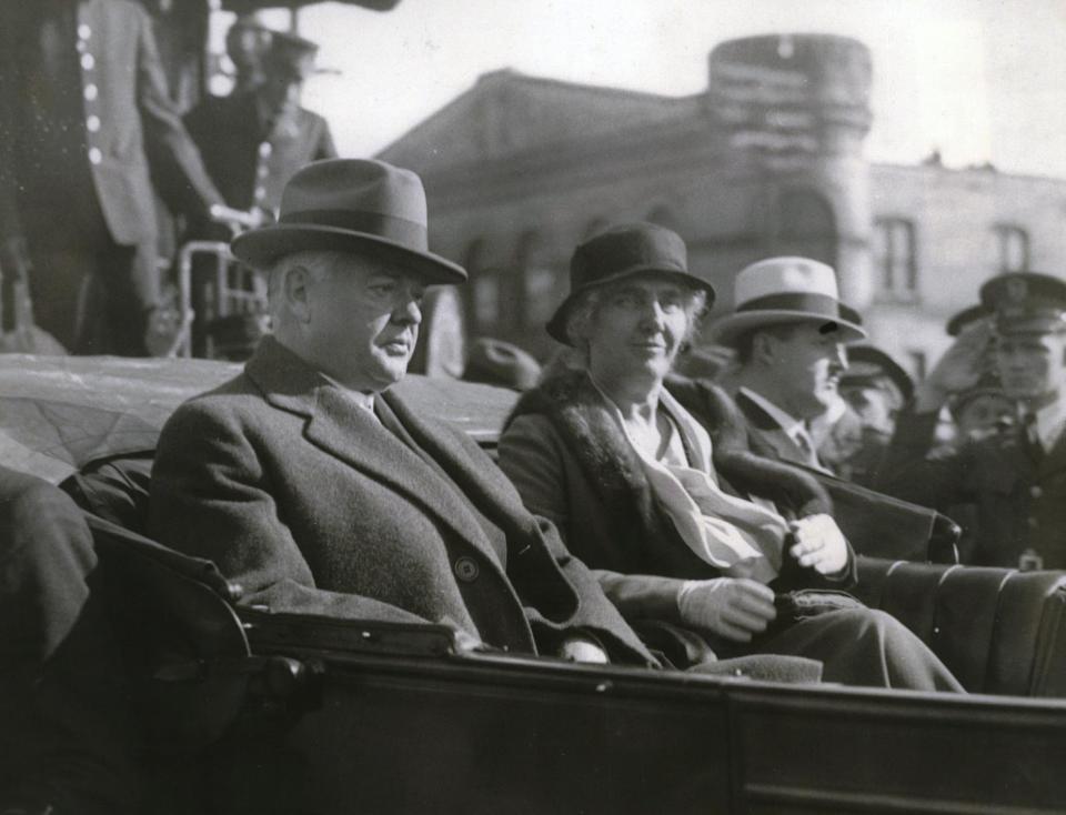 President Herbert Hoover in Madison in 1932. President and Mrs. Hoover shown in auto after their arrival.