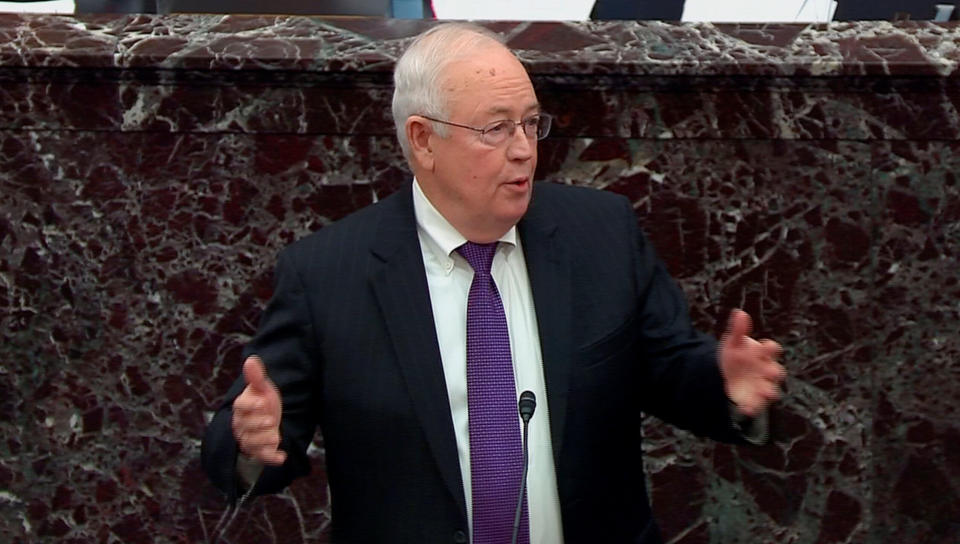 Attorney Ken Starr speaks as U.S. President Donald Trump's legal team resumes its presentation of opening arguments in Trump's Senate impeachment trial in this frame grab from video shot in the U.S. Senate Chamber at the U.S. Capitol in Washington, U.S., Jan. 27, 2020. (Photo: Handout . / Reuters)