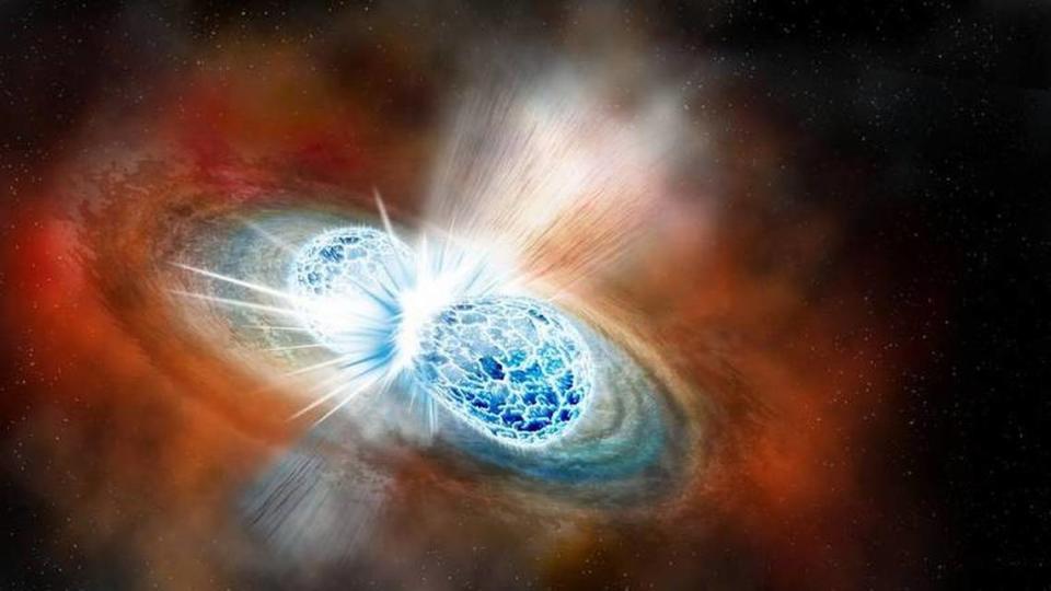 The merger of two neutron stars is shown in an artist’s rendering. In 2017 the Hanford LIGO observatory for the first time detected gravitational waves from the collision of neutron stars