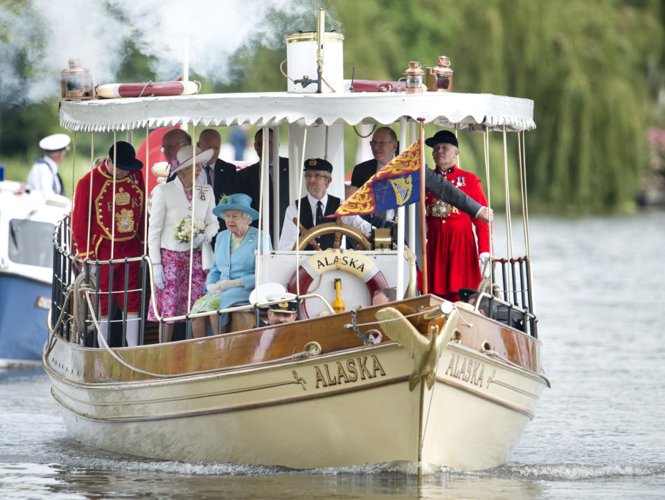 Queen Elizabeth on the oldest built passenger ferry to ever operate on the Thames during the Diamond Jubilee. (Getty)