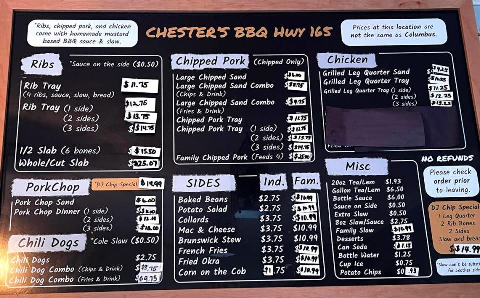 This is the menu at Chester’s BBQ at 270 Alabama Hwy 165 in Phenix City, Alabama. 05/04/2024