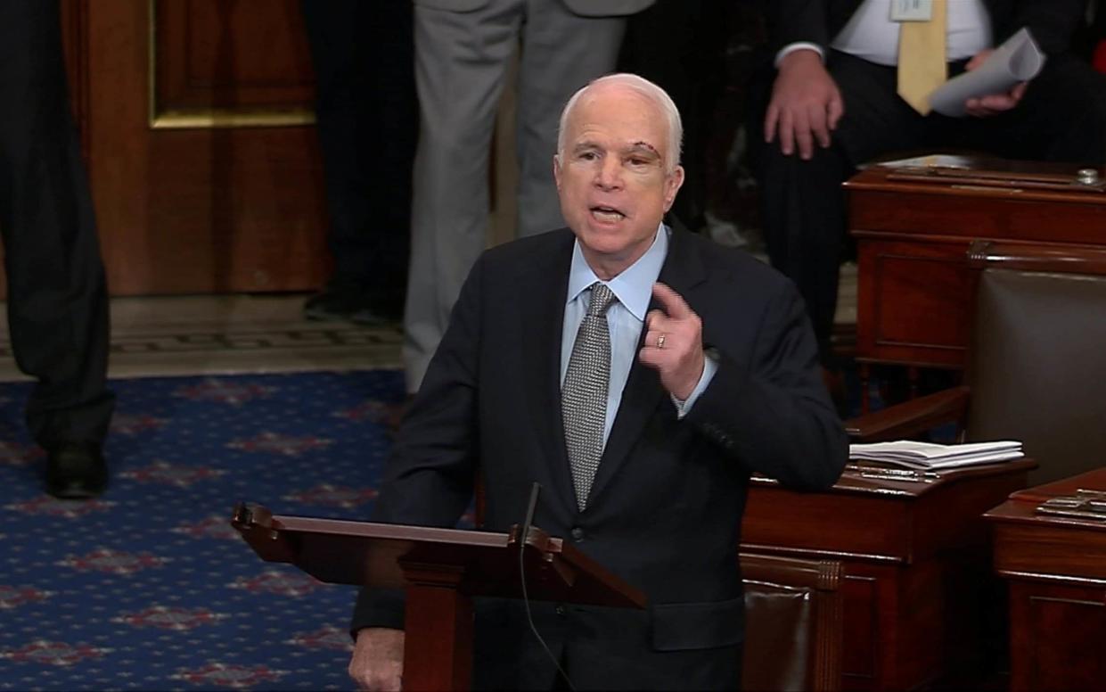 U.S. Senator McCain speaking on the floor of the U.S. Senate after a vote on healthcare reform in Washington - REUTERS