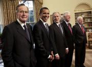 <p>Eighteen years later, another group of five presidents — George H.W. Bush, Barack Obama, George W. Bush, Bill Clinton and Jimmy Carter — gathered together, this time in the Oval Office in Washington D.C. in 2009.</p>