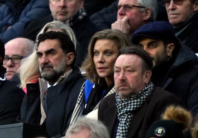 Newcastle chairman Yasir Al-Rumayyan (left) with co-owner Amanda Staveley and her husband Mehrdad Ghodoussi (right) at St James&#39; Park