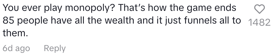 "You ever play Monopoly? That's how the game ends. 85 people have all the wealth and it just funnels all to them."